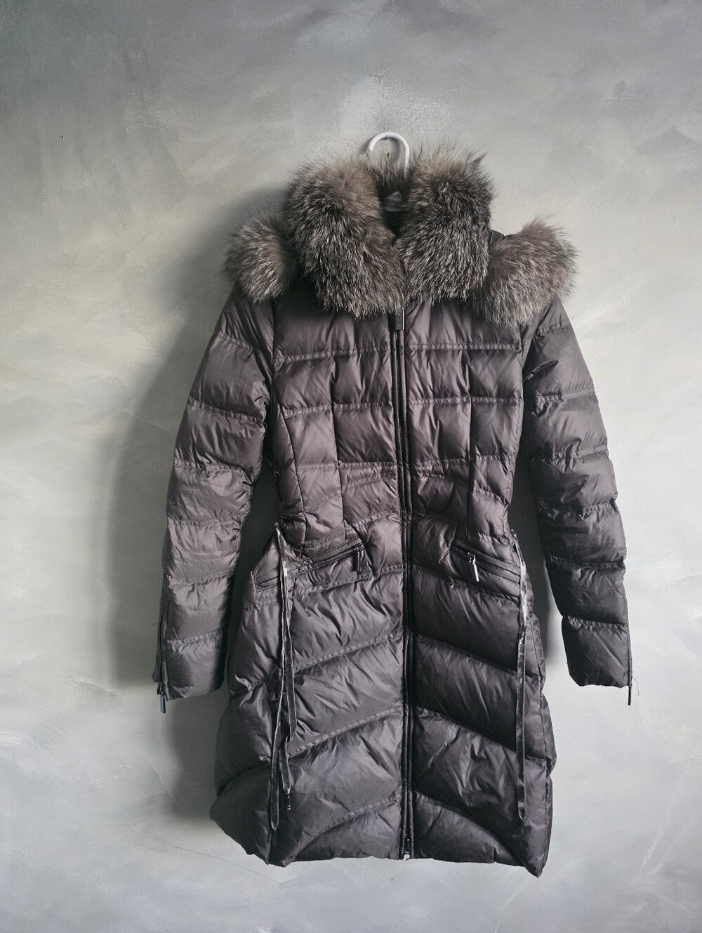 Dawn Levy Cloe Real Fur Trim Down Puffer Coat Sz XS Luxury Corset Hourglass